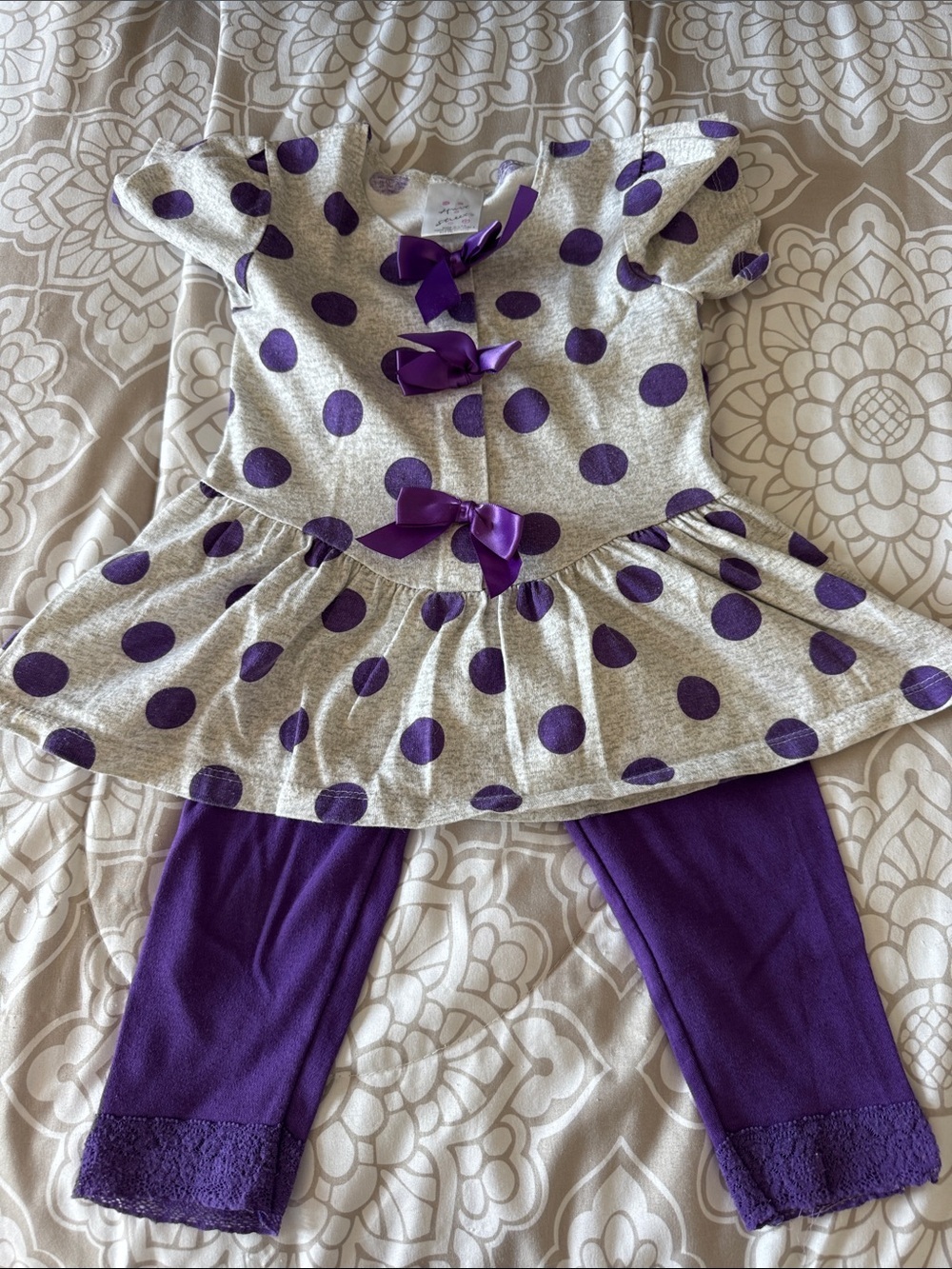 Little Girls Purple Polka Dot Tunic & Purple Lace Trim Legging Set
